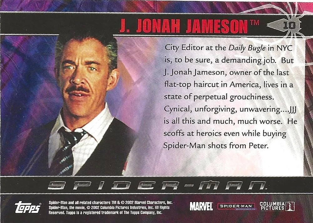 J.K. Simmons as J. Jonah Jameson best rookie card - Spider-Man - back